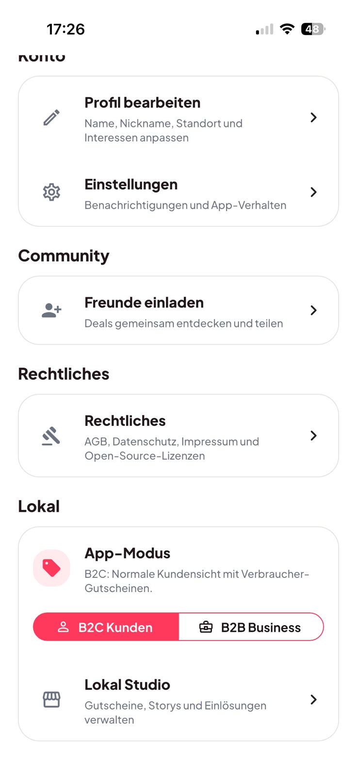 sparGO Profil mit B2C und B2B Modus